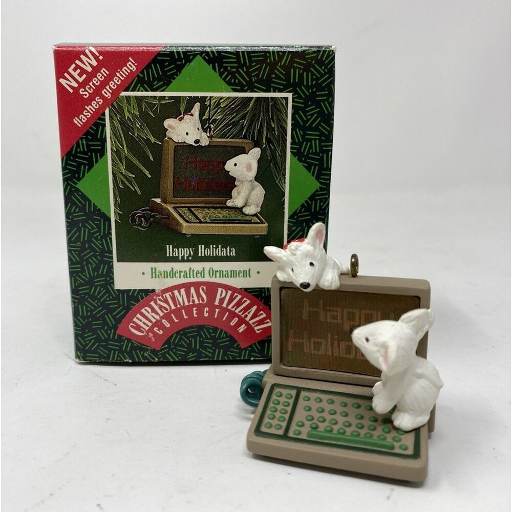 1987 Hallmark Christmas Pizzazz Ornament Happy Holidata Computer With Mice
